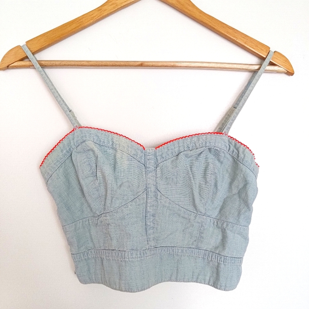 American Eagle Chambray crop top with neon coral embroidered edge (size S)